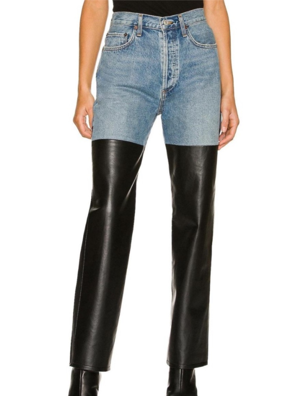 A Gold E Pinch Waist Leather & Denim Blue Jeans Woman’s Size 30